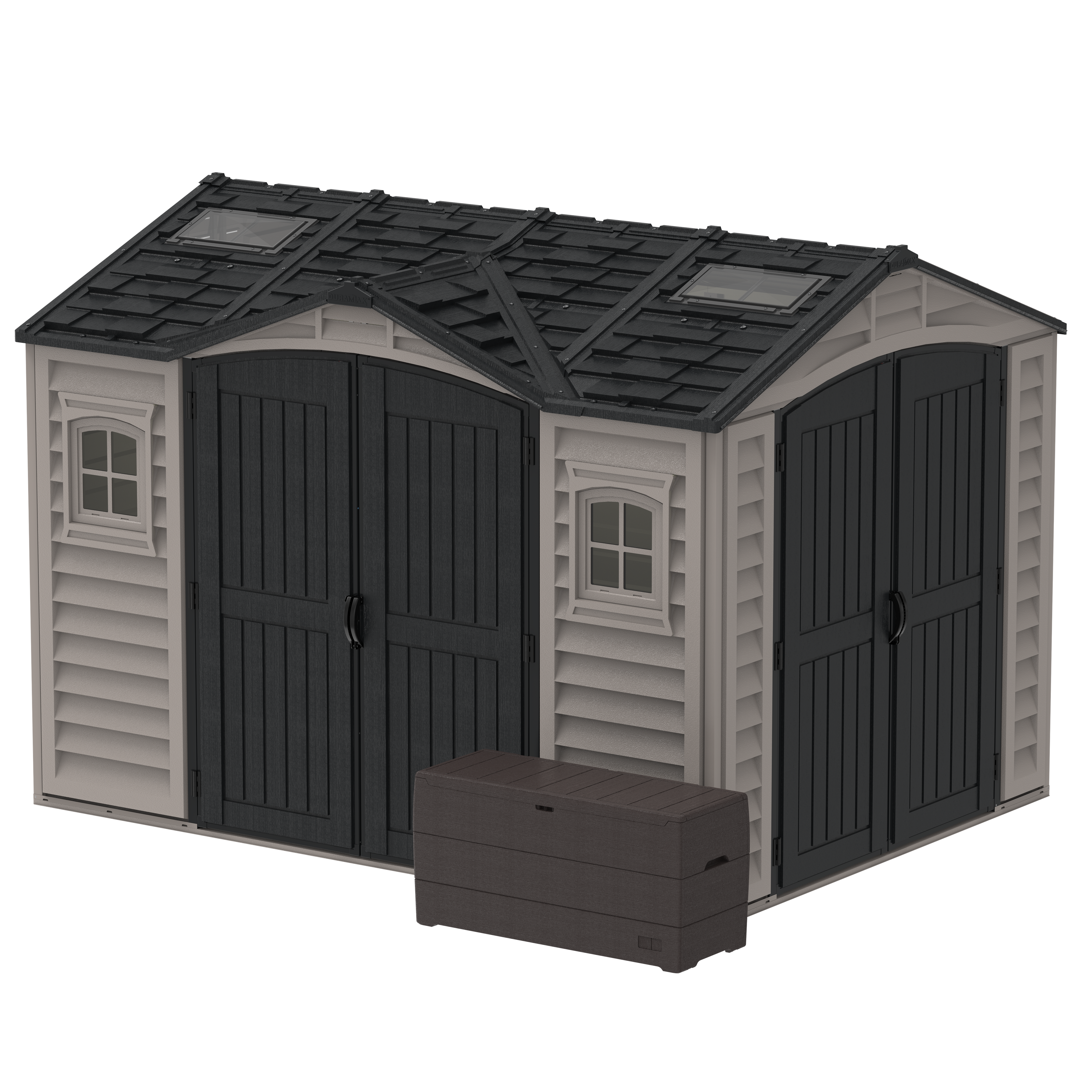 Duramax Apex Pro 10.5'X8' Plastic Vinyl Shed with Foundation, 2 Windows and Side Door 40116