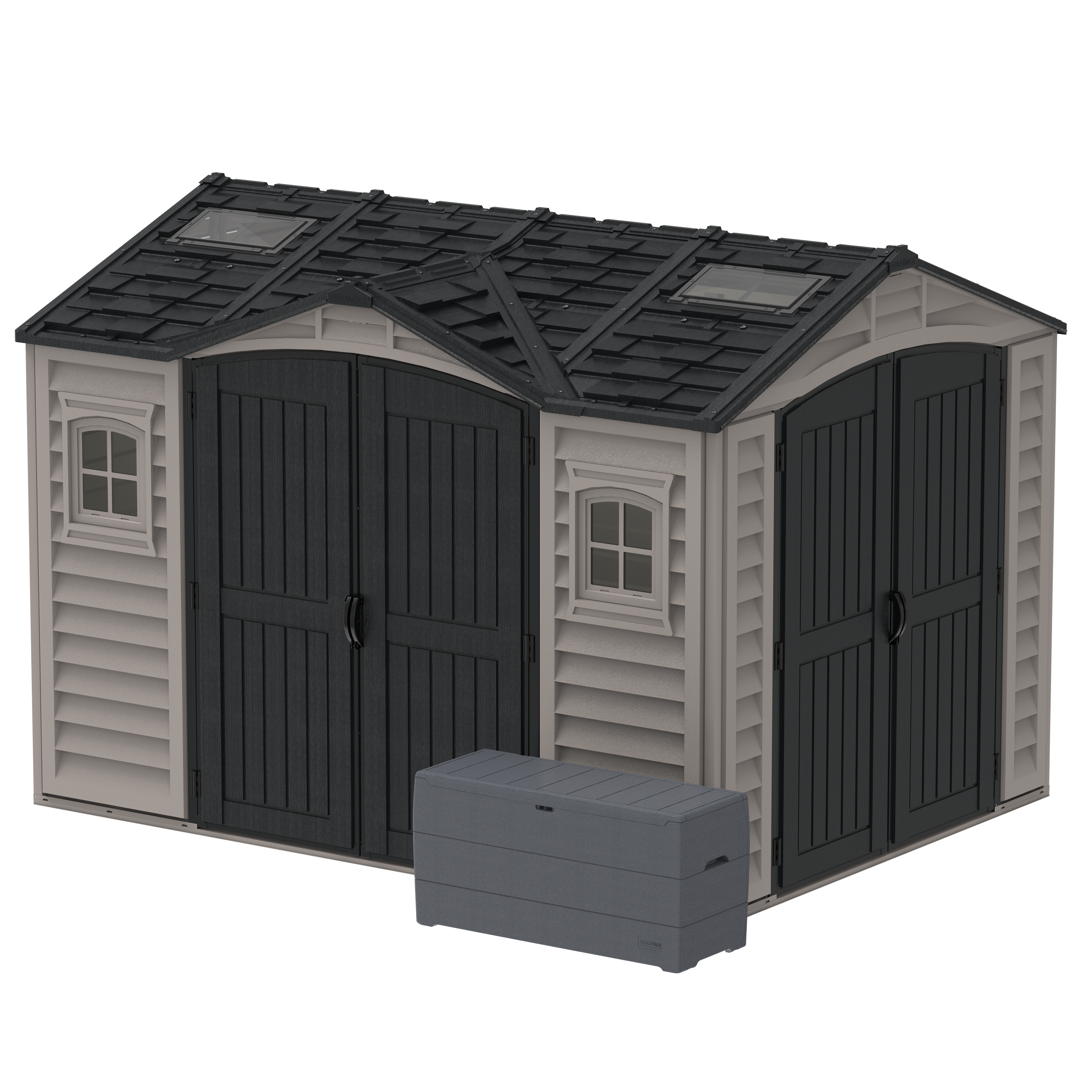 Duramax Apex Pro 10.5'X8' Plastic Vinyl Shed with Foundation, 2 Windows and Side Door 40116
