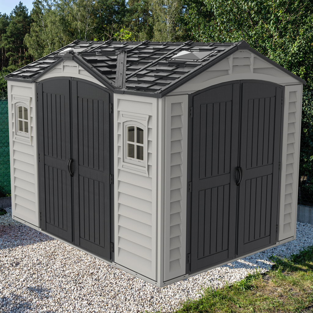 Duramax Apex Pro 10.5'X8' Plastic Vinyl Shed with Foundation, 2 Windows and Side Door 40116