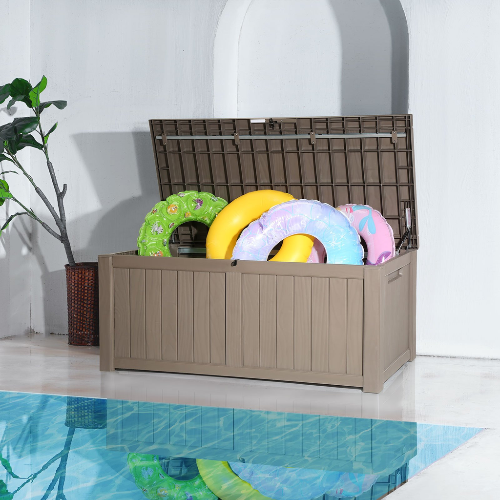 VEVOR Deck Box, 120 Gallon, 56.3" x 26.6" x 23.8" Outdoor Storage Box, Waterproof PP Deckbox with Aluminum Alloy Padlock, for Patio Furniture, Garden Tools, Pool Toys, Outdoor Cushions, Gray