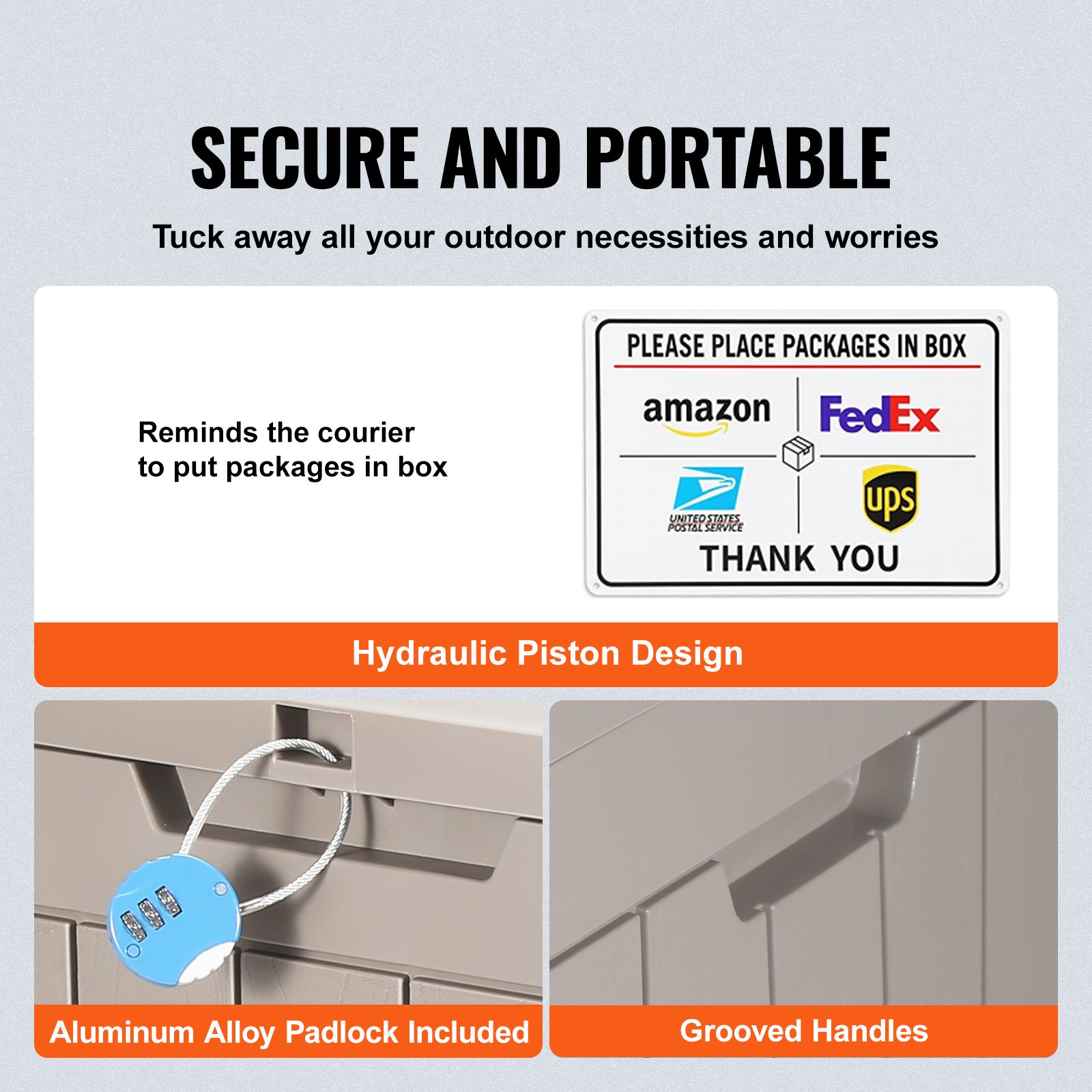 VEVOR Deck Box, 31 Gallon Outdoor Storage Box, 22.1" x 17.1" x 20.9" , Waterproof PP Deckbox with Aluminum Alloy Padlock, for Patio Furniture, Pool Toys, Garden Tools, Outdoor Cushions, Gray